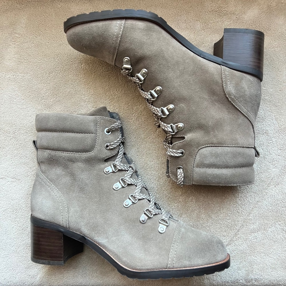 Sam Edelman Manchester Flint Gray Suede Block Heel Ankle Boots Taupe Women 8